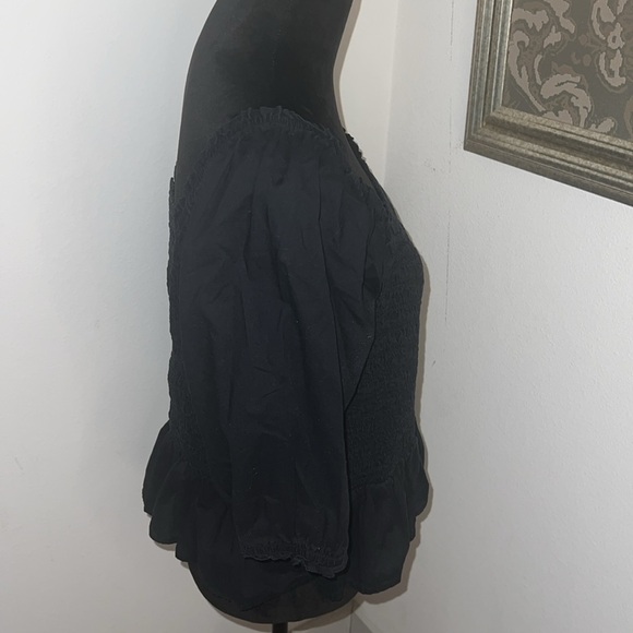 LOFT black smocked poplin puff sleeves cropped top blouse sz L - Picture 3 of 7